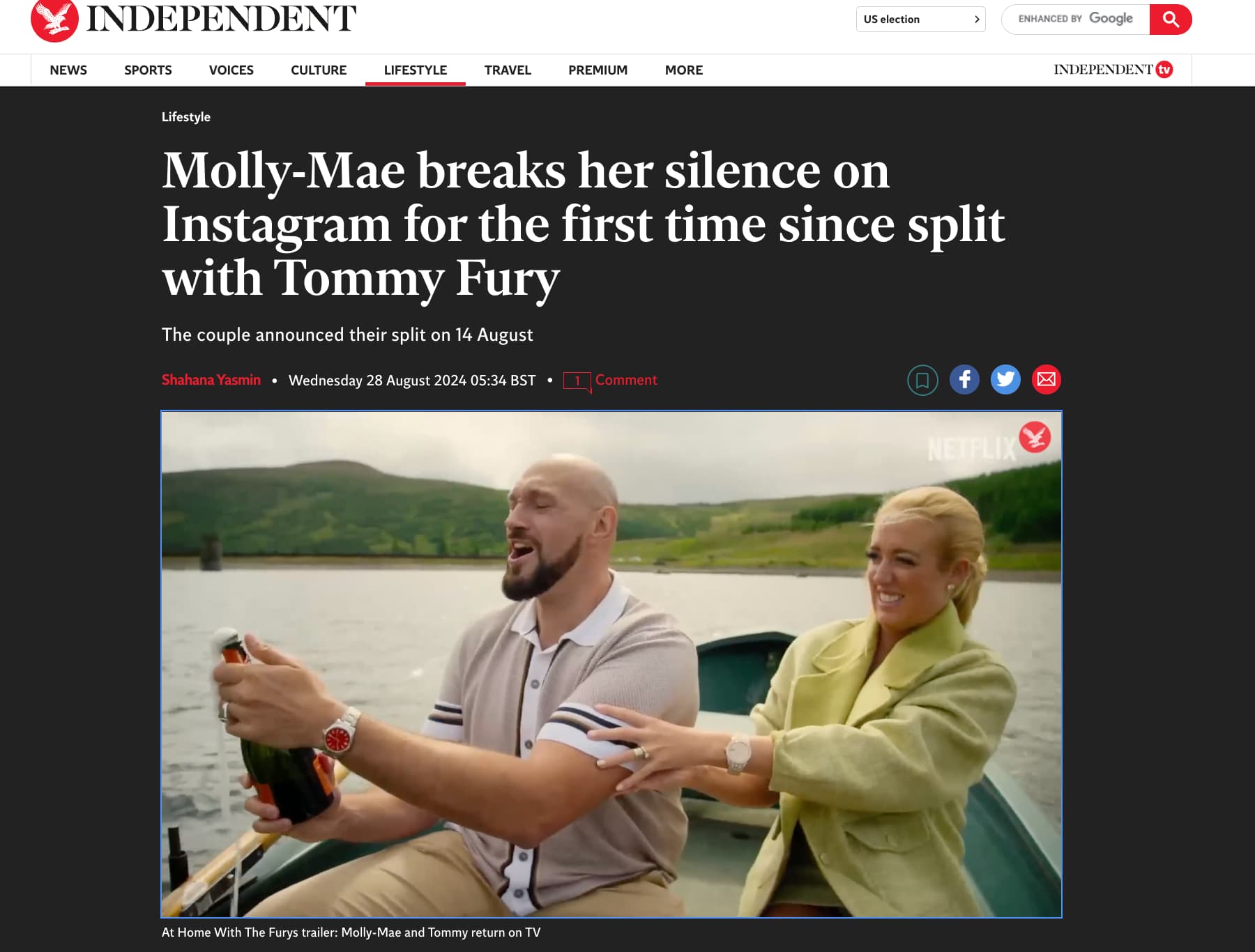 screenshot - Independent News Sports Voices Culture Lifestyle Travel Premium More Lifestyle Us election > Enhanced By Google Q MollyMae breaks her silence on Instagram for the first time since split with Tommy Fury The couple announced their split on 14 A